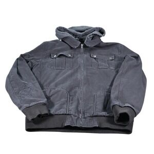 Fox Racing Jacket Mens Large Gray Hooded Canvas Bomber Moto Full Zip Lined